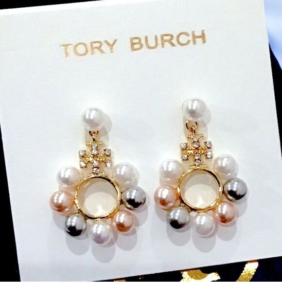 TORY BURCH MULTICOLORED PEARLS DANGLE EARRINGS - Picture 2 of 5